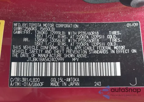 2010 Lexus Rx 350 from USA, damaged, VIN JTJBK1BA5A2402999
